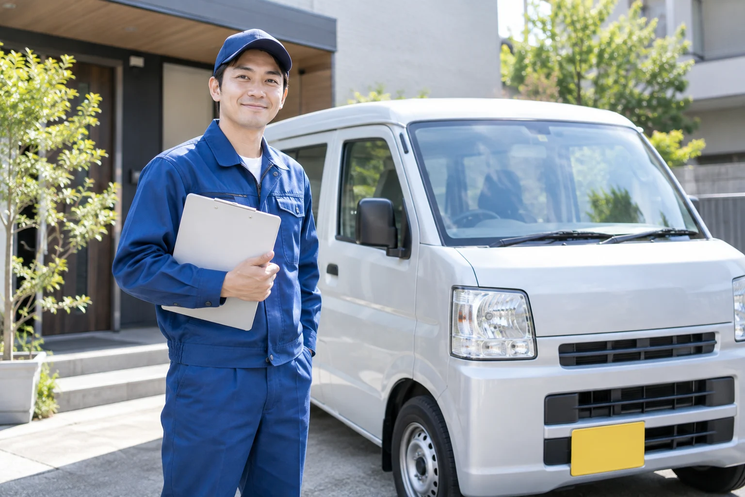 軽バンの前でクリップボードを持つ個人事業主
