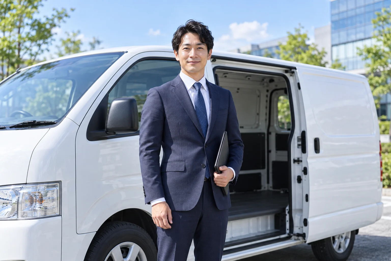 社用車の前に立つスーツ姿の男性