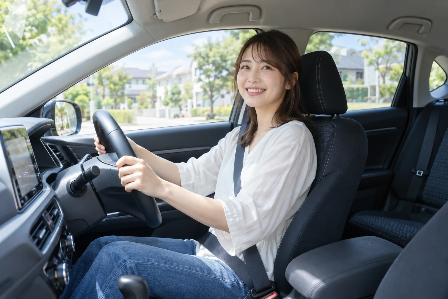 車内で笑顔を見せる女性